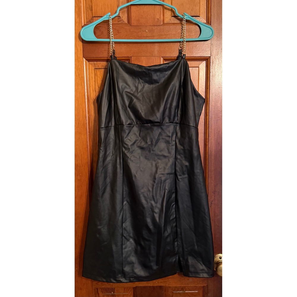 No Comment Black Faux Leather Chain Strap Mini Dress Large